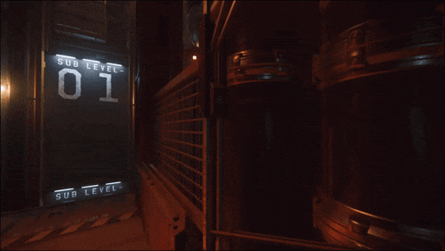 a dark room with a sign that says " sub level 01 "