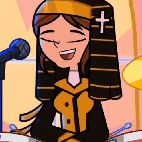 a cartoon girl with a cross on her head