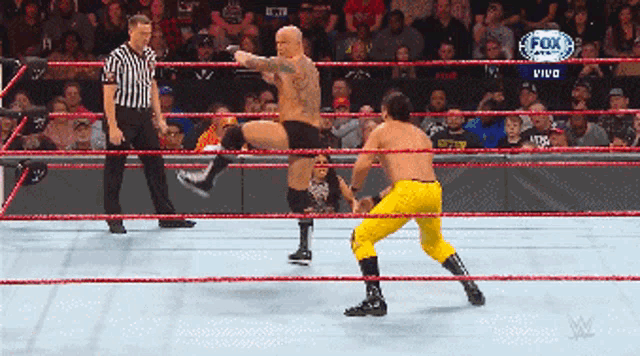 two wrestlers are in a ring with a fox logo in the corner