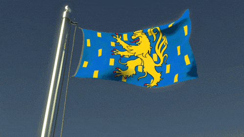 a blue flag with a yellow lion on it is waving in the wind