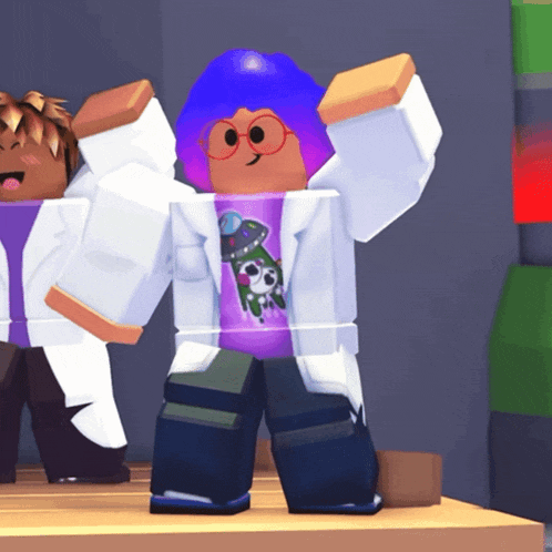 a cartoon character with purple hair and glasses