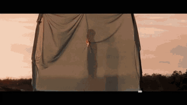 a shadow of a man is cast on a large piece of cloth .