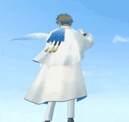 a man in a white coat with a blue and white flag on his back is standing in front of a blue sky .