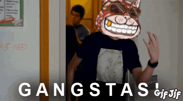 a gif of a man with a cat head and the words gangstas