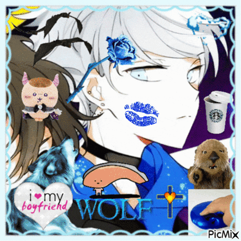 a picture of a boy with a blue rose on his forehead and the words i love my boyfriend wolf