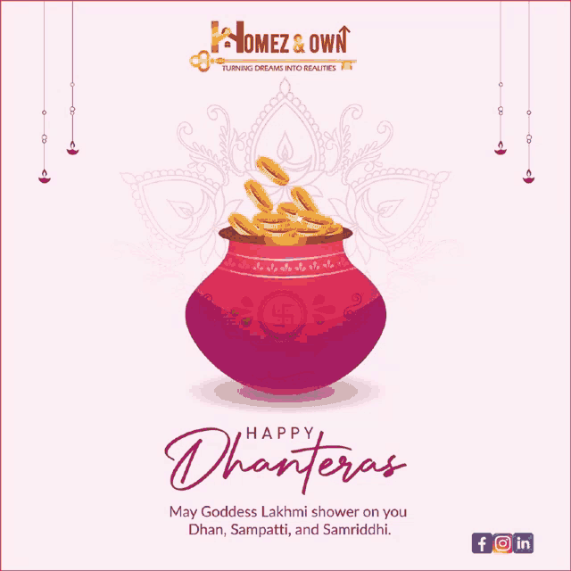 a greeting card for happy dhanteras with a pot full of coins
