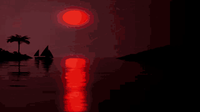 a red moon is setting over a body of water with palm trees