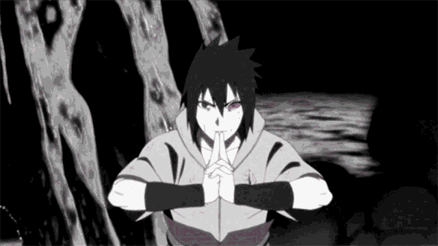 a black and white drawing of a man with red eyes holding his hands together