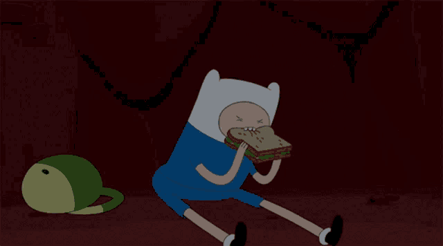 a cartoon character is eating a sandwich with a sad face on his face