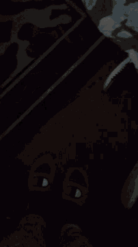 a dark room with a rug and a pair of shoes