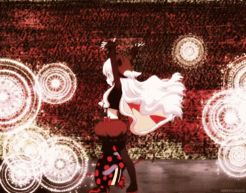 a girl with white hair is dancing in front of a wall with circles around her