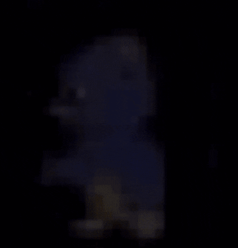 a pixel art of a blue and yellow cartoon character