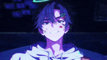 a blue haired anime character with a tattoo on his face is smiling