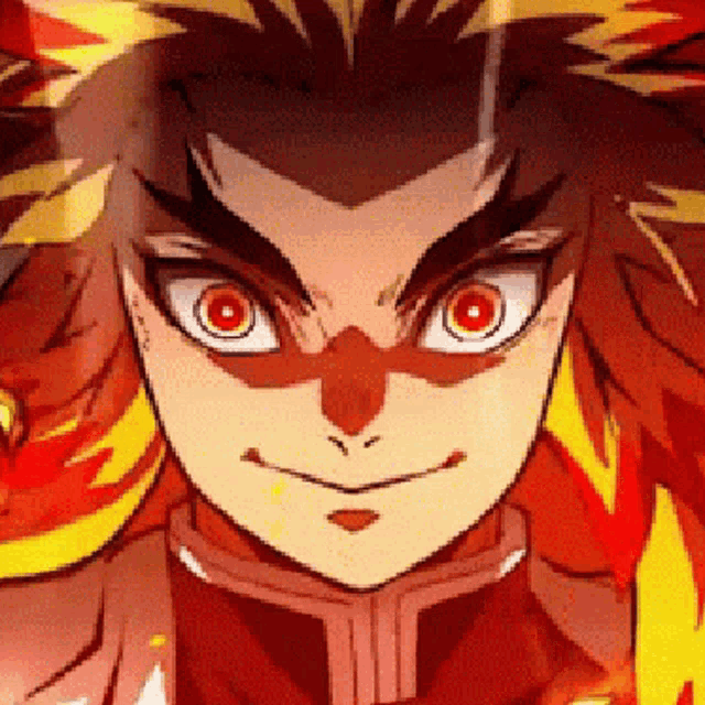a close up of a person 's face with red eyes and fire behind him .