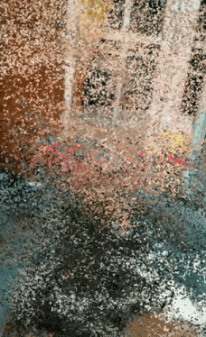 a painting of a window with a lot of dots on it