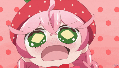 a girl with pink hair and a strawberry hat on