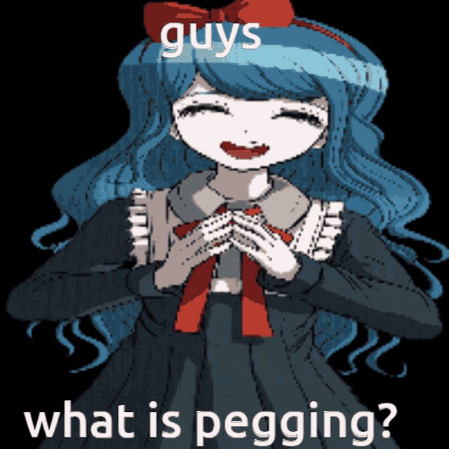 a pixel art of a girl with blue hair and the words " guys what is pegging " above her