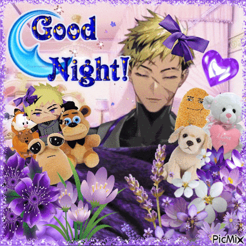 a picture of a man surrounded by stuffed animals and flowers with the caption good night