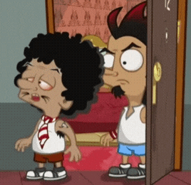 two cartoon characters standing next to each other in front of a door with the number 12 on it