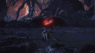 a person with a sword is standing in front of a giant monster