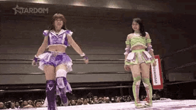 two female wrestlers are standing next to each other in a ring .