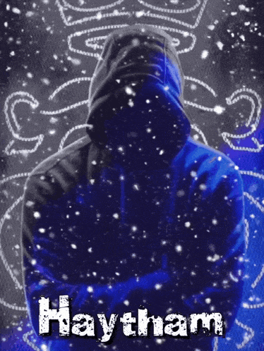 a person in a blue hoodie with haytham written on the bottom