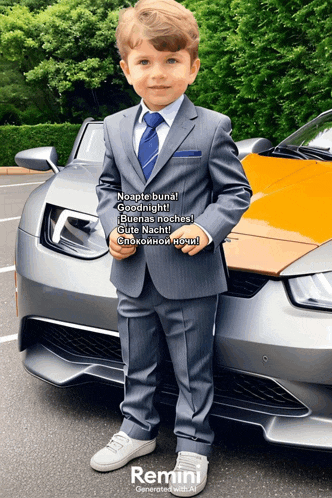 a young boy in a suit and tie stands in front of a car that says remini