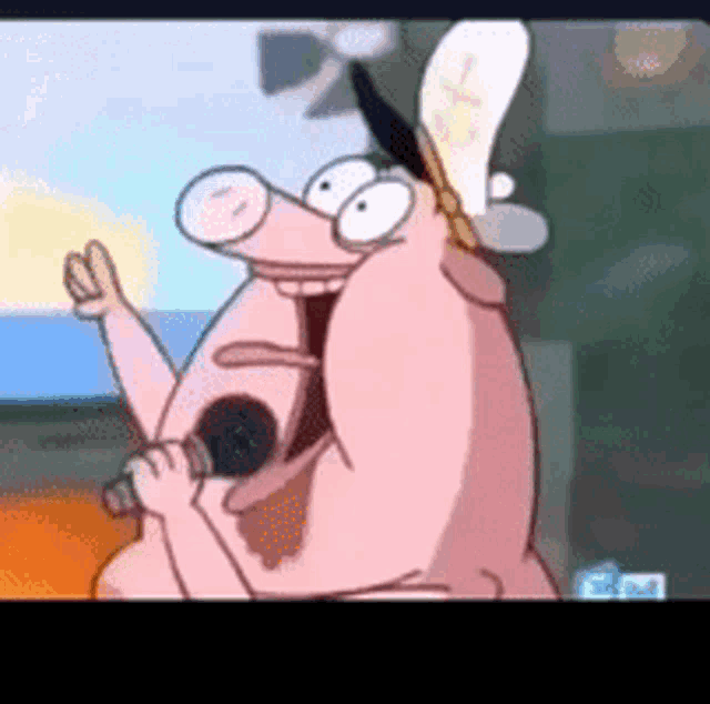 a cartoon pig is singing into a microphone and wearing a hat .