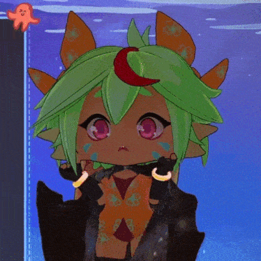 a cartoon character with green hair and red eyes