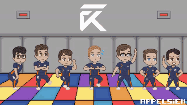 a pixel art of a group of men with the letter k on the top