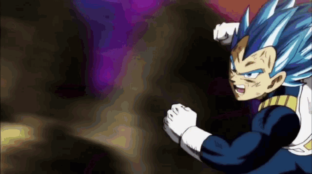 a cartoon character with blue hair is fighting a purple monster