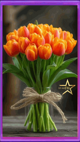 a bouquet of orange and pink tulips in a clear vase