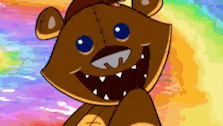 a cartoon teddy bear with a rainbow background