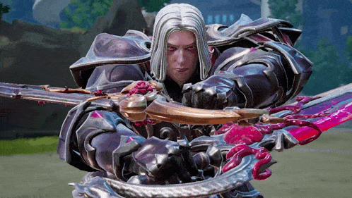 a video game character is holding a sword in his hands
