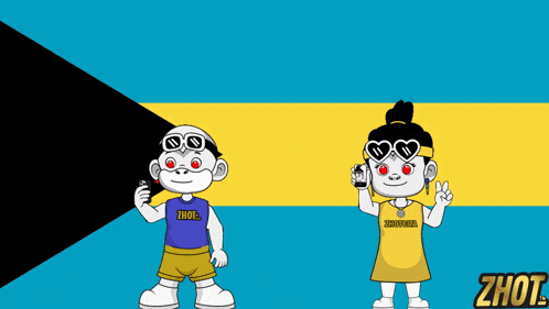 a boy and a girl standing in front of a zhot flag
