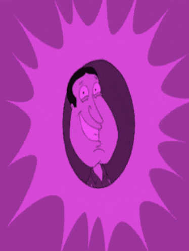 a cartoon of a man with a big nose is surrounded by a purple background