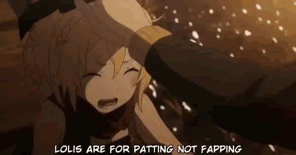 a person is putting a hand on a girl 's head and says loli 's are for patting not fapping .