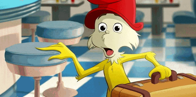 a cartoon character with a red hat and yellow gloves