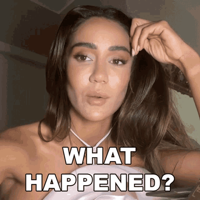 a woman has her hand on her forehead and the words what happened are above her
