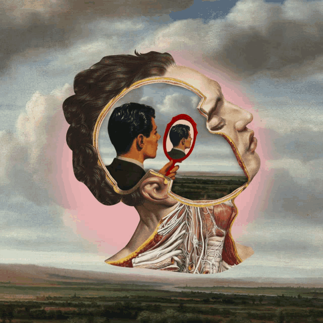 a painting of a man and woman looking at their reflection in a mirror