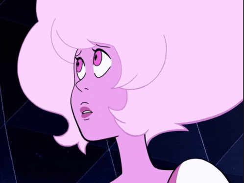 a close up of a cartoon character with a pink hair and pink eyes