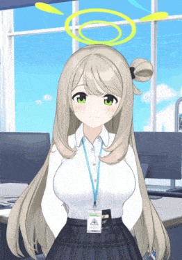 a girl with a name tag that says ' aoi ' on it is standing in front of a computer
