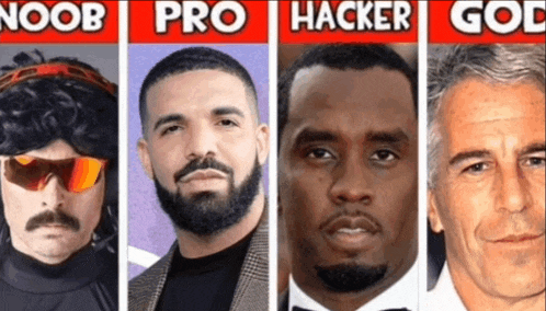 a collage of four men with the words noob pro hacker god written above them