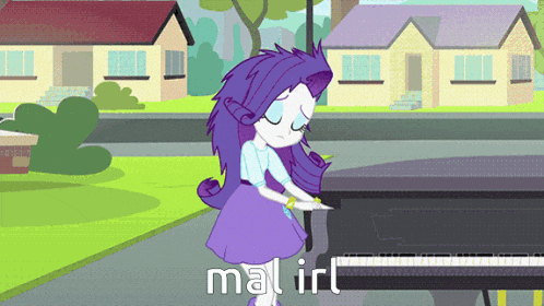 a cartoon girl with purple hair is playing a piano with the words malirt written below her