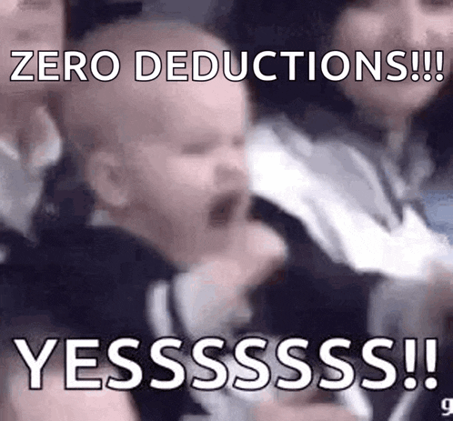 a baby is screaming in a crowd of people with the words `` zero deductions ! yesssss ! ''