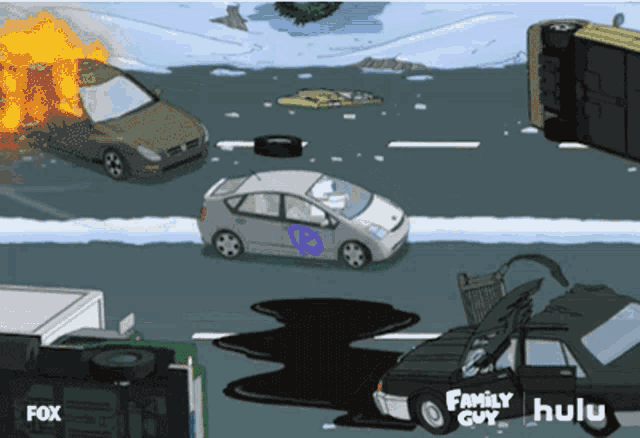 a cartoon scene from the family guy shows a car accident