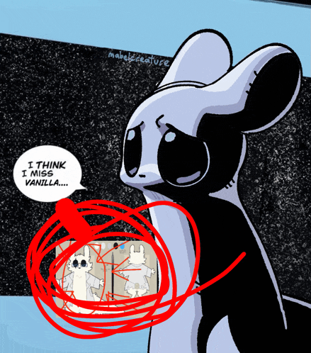 a drawing of a mouse with a speech bubble saying i think i miss vanilla