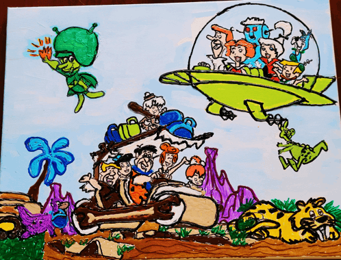 a painting of the flintstones with shrek and a flying saucer