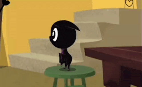 a cartoon bat is standing on a green stool in a room .