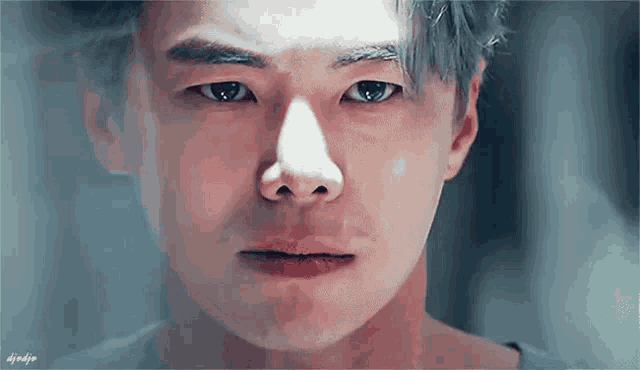 a close up of a man 's face with a blurred background
